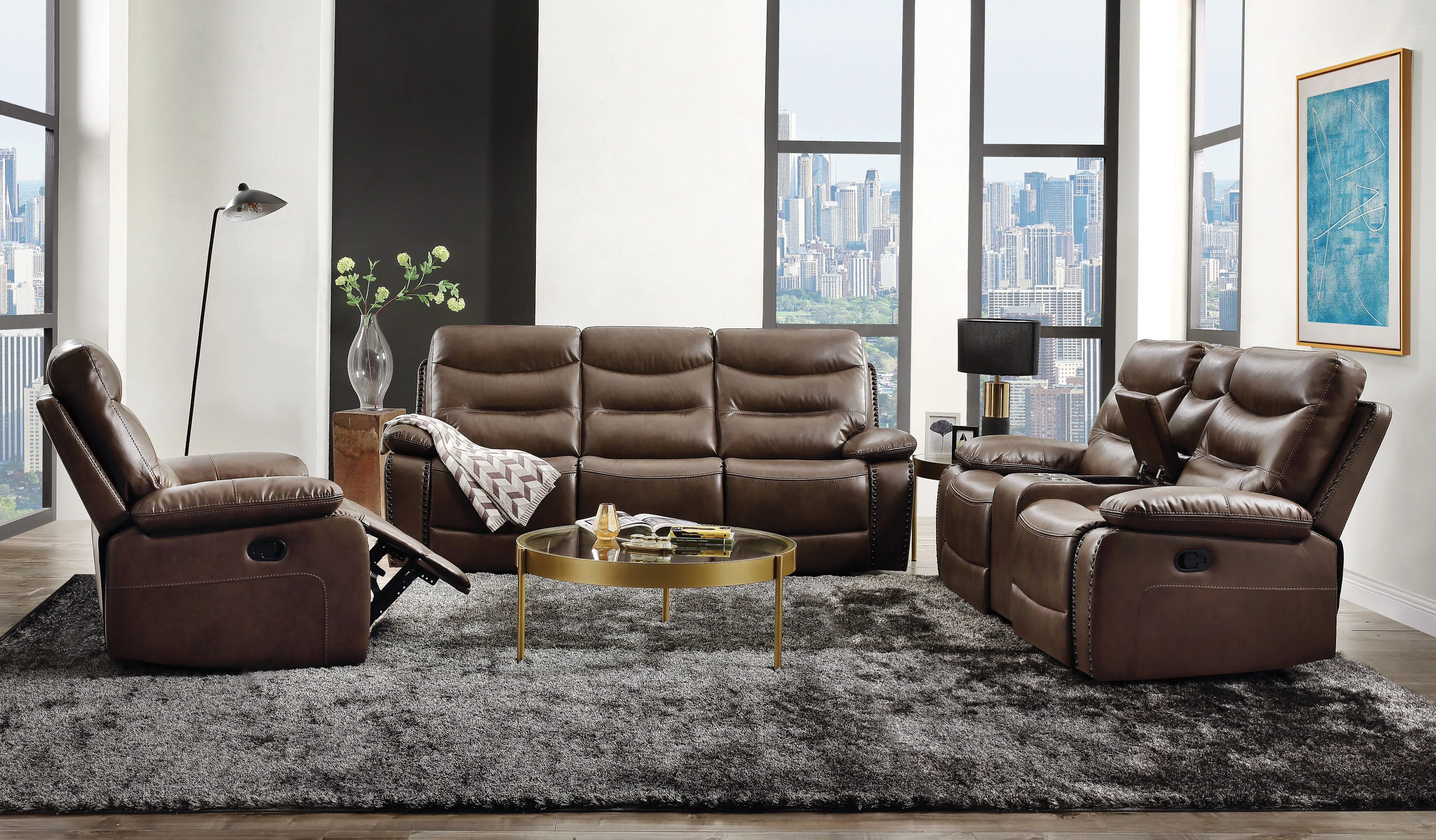 Aashi - Leather Gel Match 3 Piece Recliner Living Room Set - Brown by Couch.com