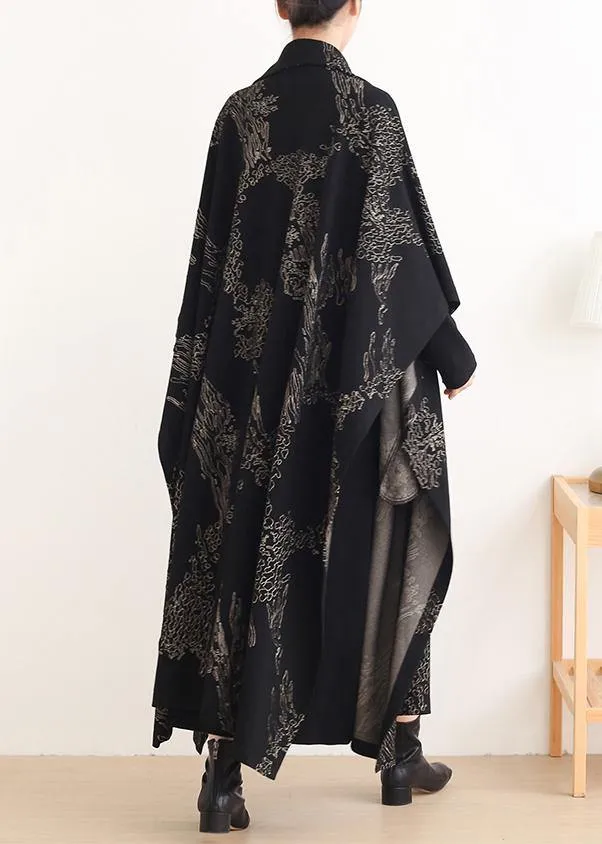 Beautiful Notched asymmetric Plus Size coats women black print silhouette coats