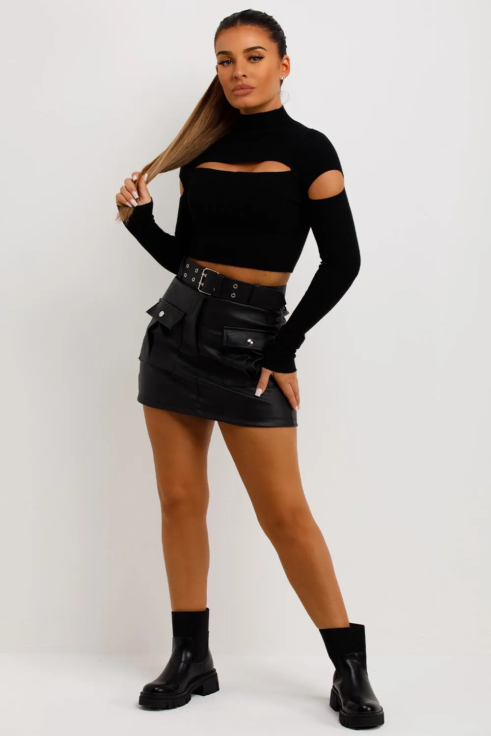 Black Faux Leather Skorts With Cargo Pockets And Belt