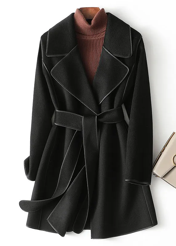 Black Notched Tie Waist Woolen Coats Fall