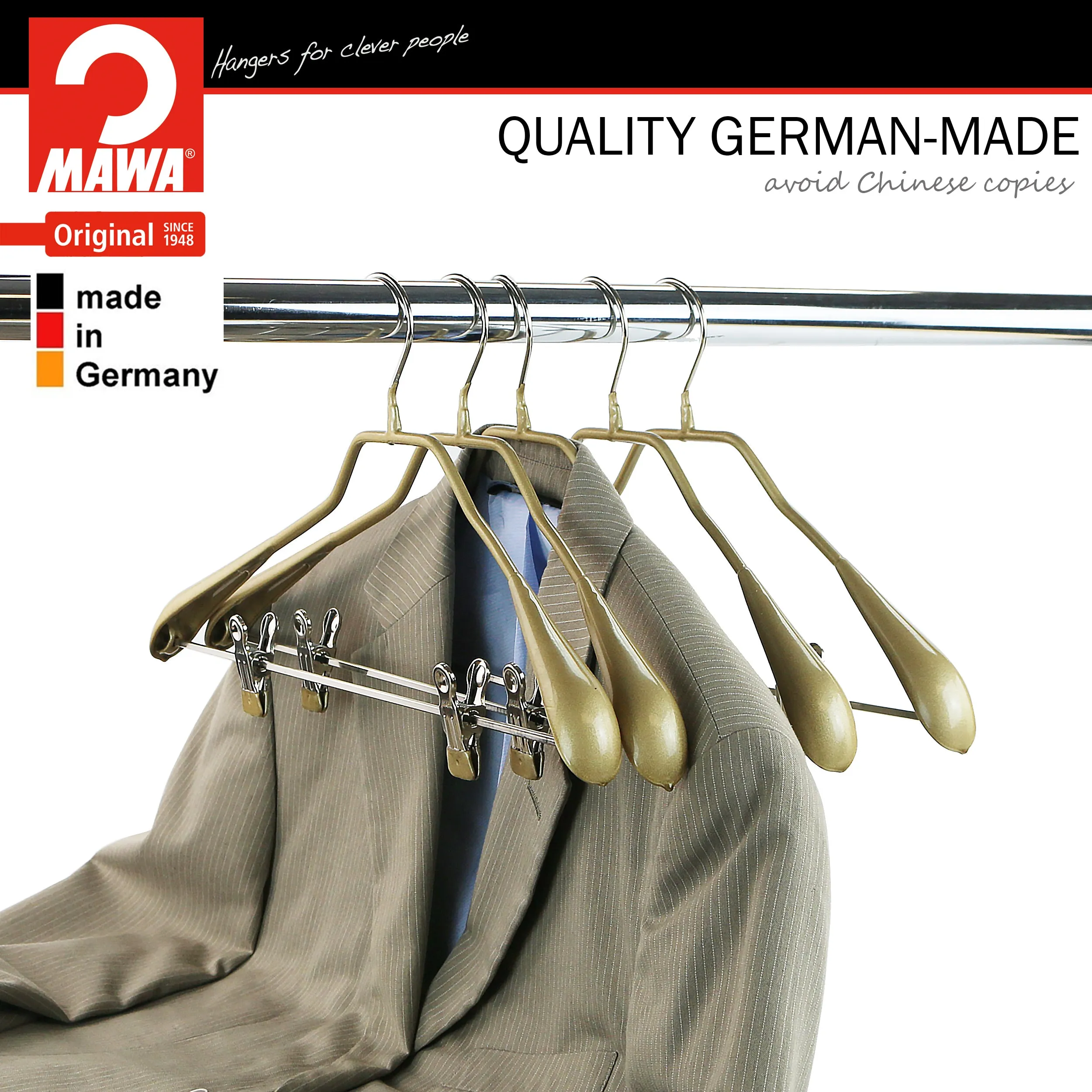 BodyForm Series -  Steel Coated Hanger with Shoulder Support & Adjustable Clips, Model 42LK, Gold