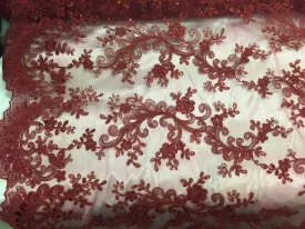 Burgundy corded french design-embroider with sequins on a mesh lace fabric-prom-nightgown-decorations-sold by the yard-