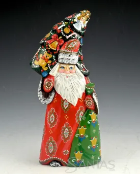 Colorful Red Russian Santa with tall Christmas Tree 8.5 inches