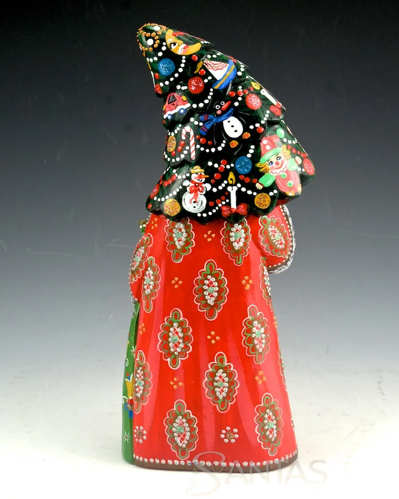 Colorful Red Russian Santa with tall Christmas Tree 8.5 inches
