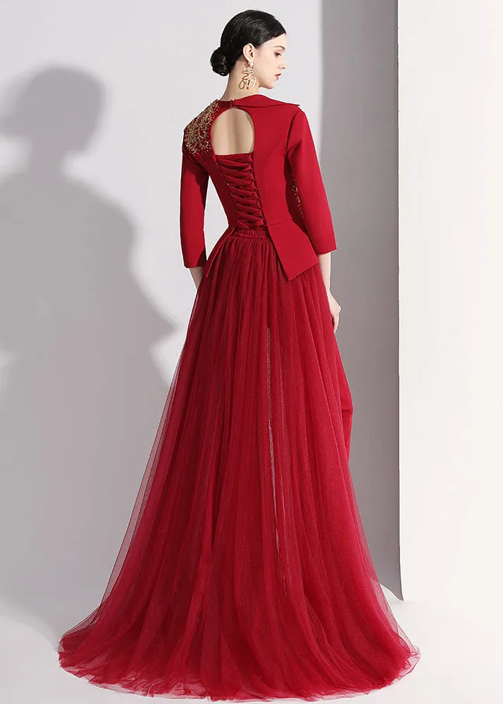 DIY Red Notched Patchwork Detachable Tulle Ribbon Coats And Crop Pants Silk Two Pieces Set Fall ML1575