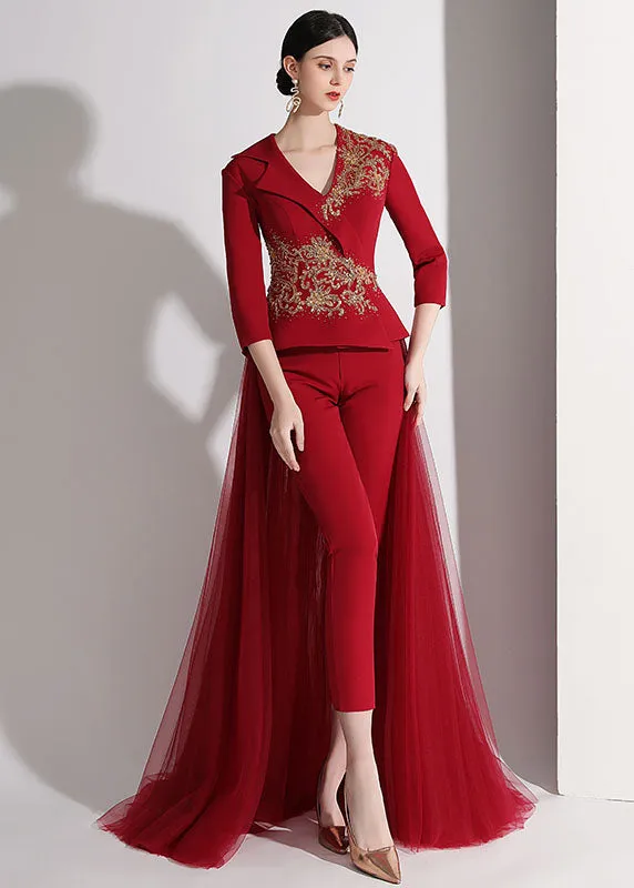 DIY Red Notched Patchwork Detachable Tulle Ribbon Coats And Crop Pants Silk Two Pieces Set Fall ML1575