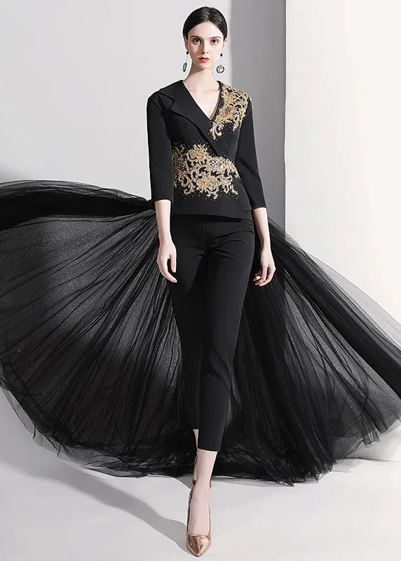DIY Red Notched Patchwork Detachable Tulle Ribbon Coats And Crop Pants Silk Two Pieces Set Fall ML1575
