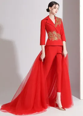 DIY Red Notched Patchwork Detachable Tulle Ribbon Coats And Crop Pants Silk Two Pieces Set Fall ML1575