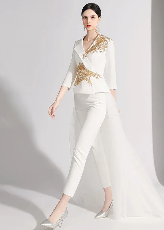 DIY Red Notched Patchwork Detachable Tulle Ribbon Coats And Crop Pants Silk Two Pieces Set Fall ML1575