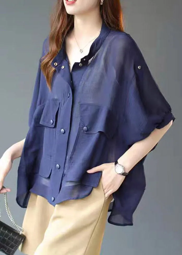 Fashion Blue Stand Collar Pockets Button Chiffon UPF 50  Coats lantern sleeve