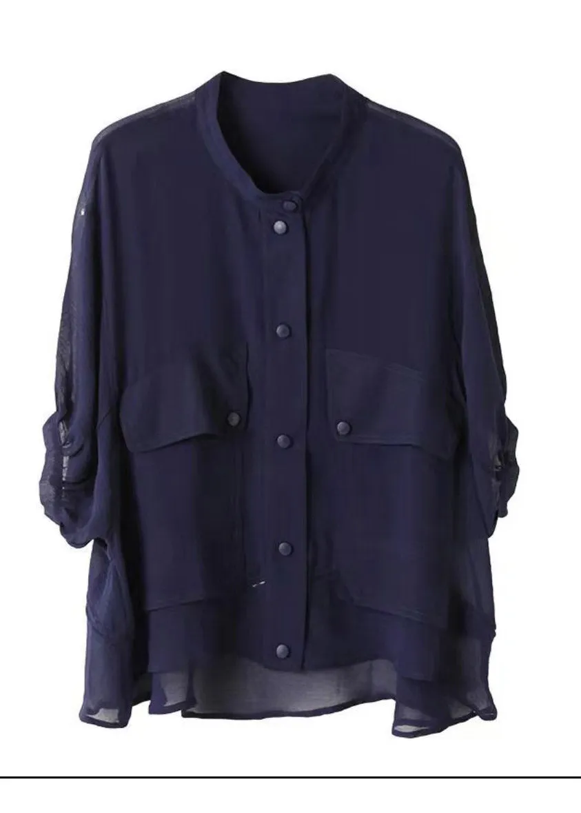 Fashion Blue Stand Collar Pockets Button Chiffon UPF 50  Coats lantern sleeve