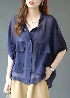 Fashion Blue Stand Collar Pockets Button Chiffon UPF 50  Coats lantern sleeve