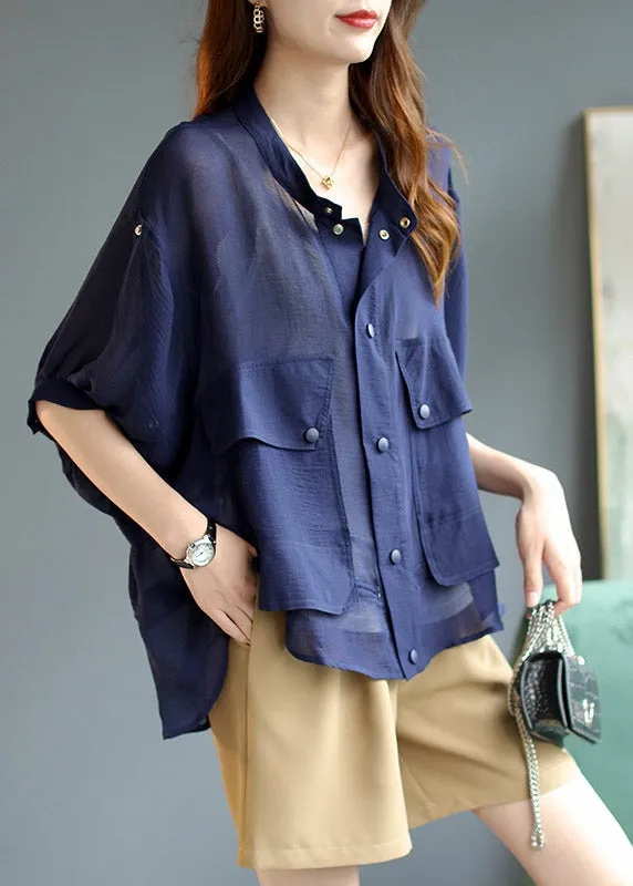 Fashion Blue Stand Collar Pockets Button Chiffon UPF 50  Coats lantern sleeve