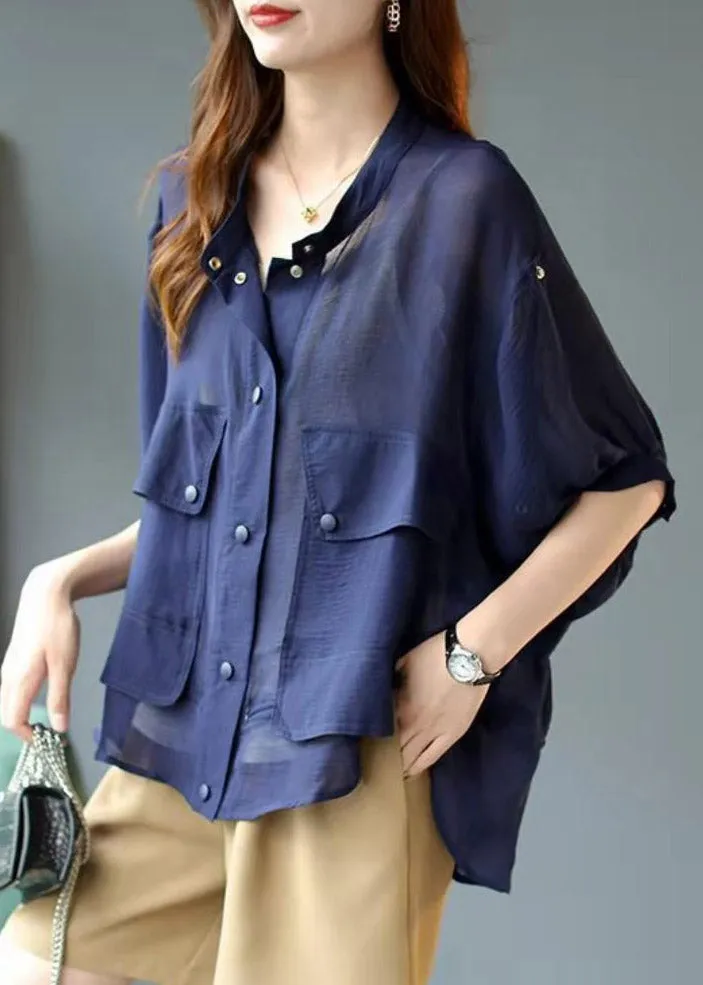 Fashion Blue Stand Collar Pockets Button Chiffon UPF 50  Coats lantern sleeve