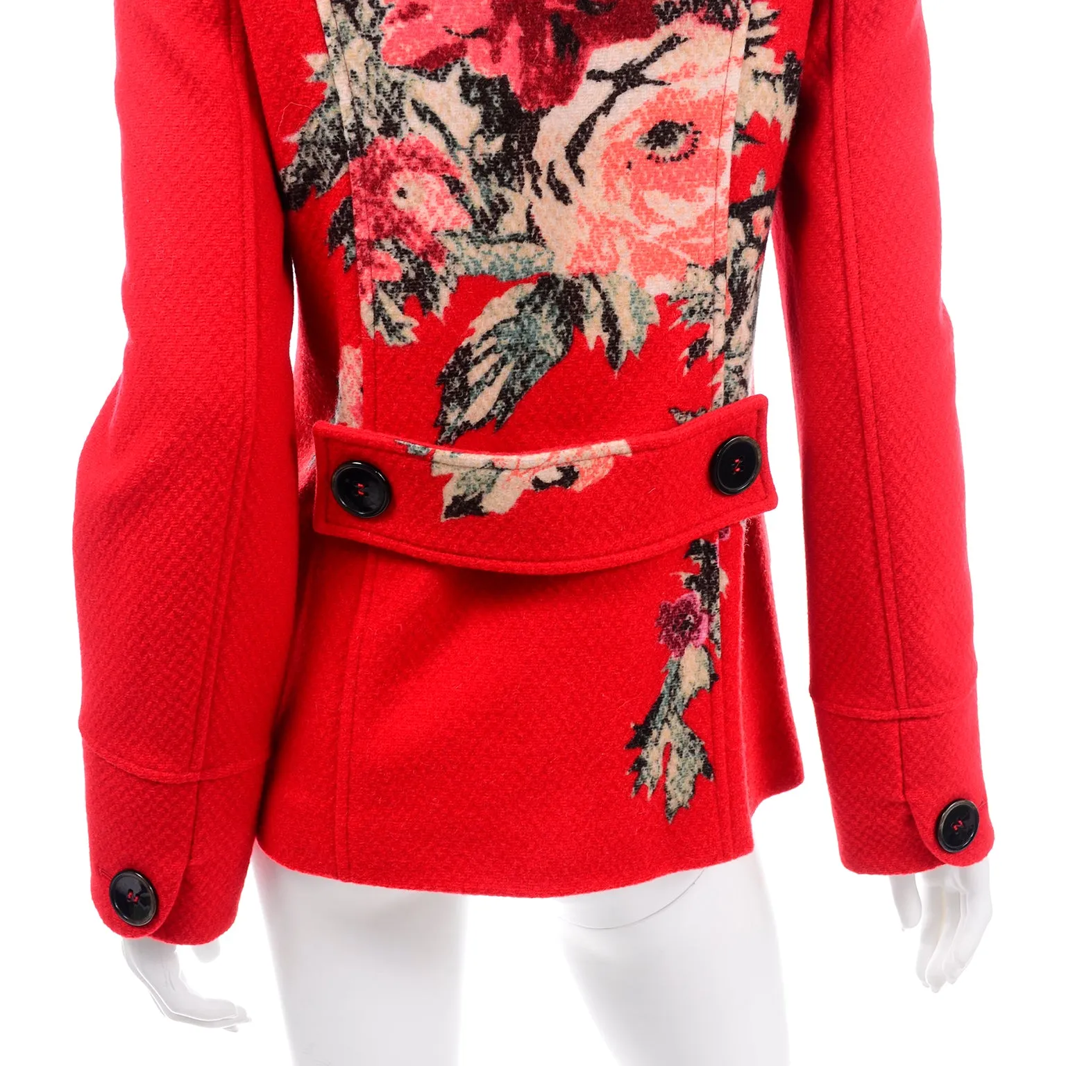 Kenzo Red Wool Blazer Jacket With Floral Back Details