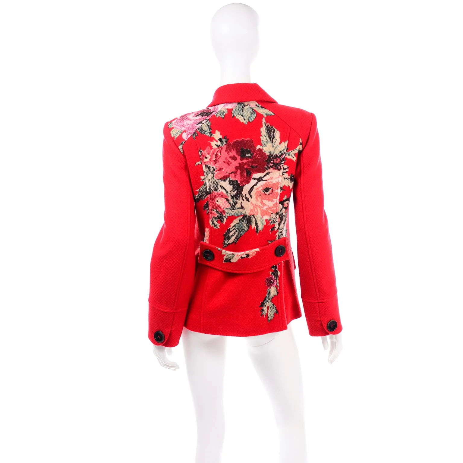 Kenzo Red Wool Blazer Jacket With Floral Back Details