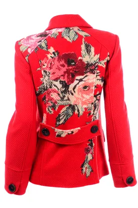 Kenzo Red Wool Blazer Jacket With Floral Back Details