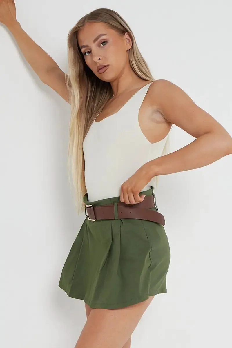 Khaki Casual Belt Decor  Skorts