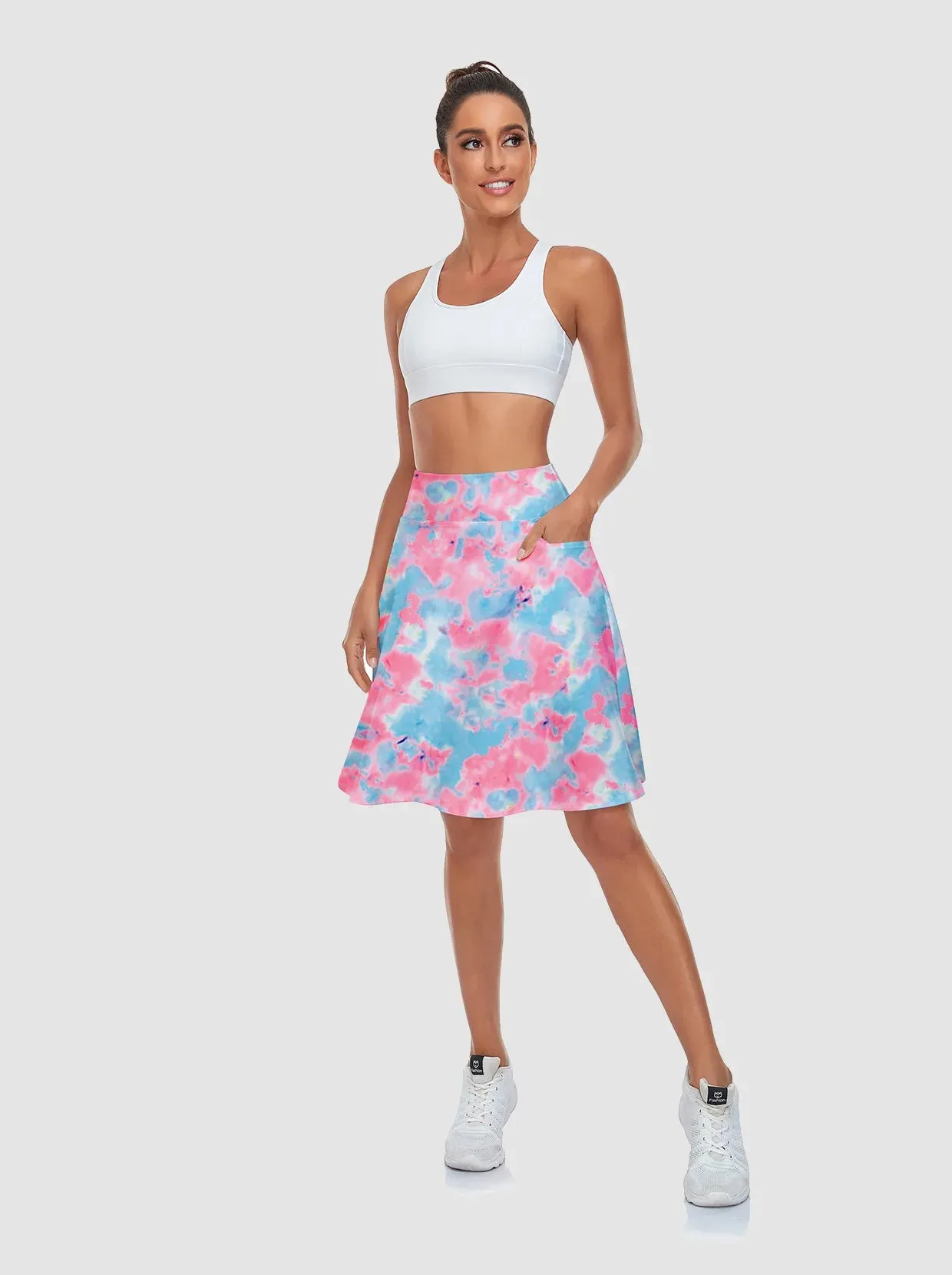 Ladies Blue and Pink Print Active Skorts with Inner Shorts and Pockets