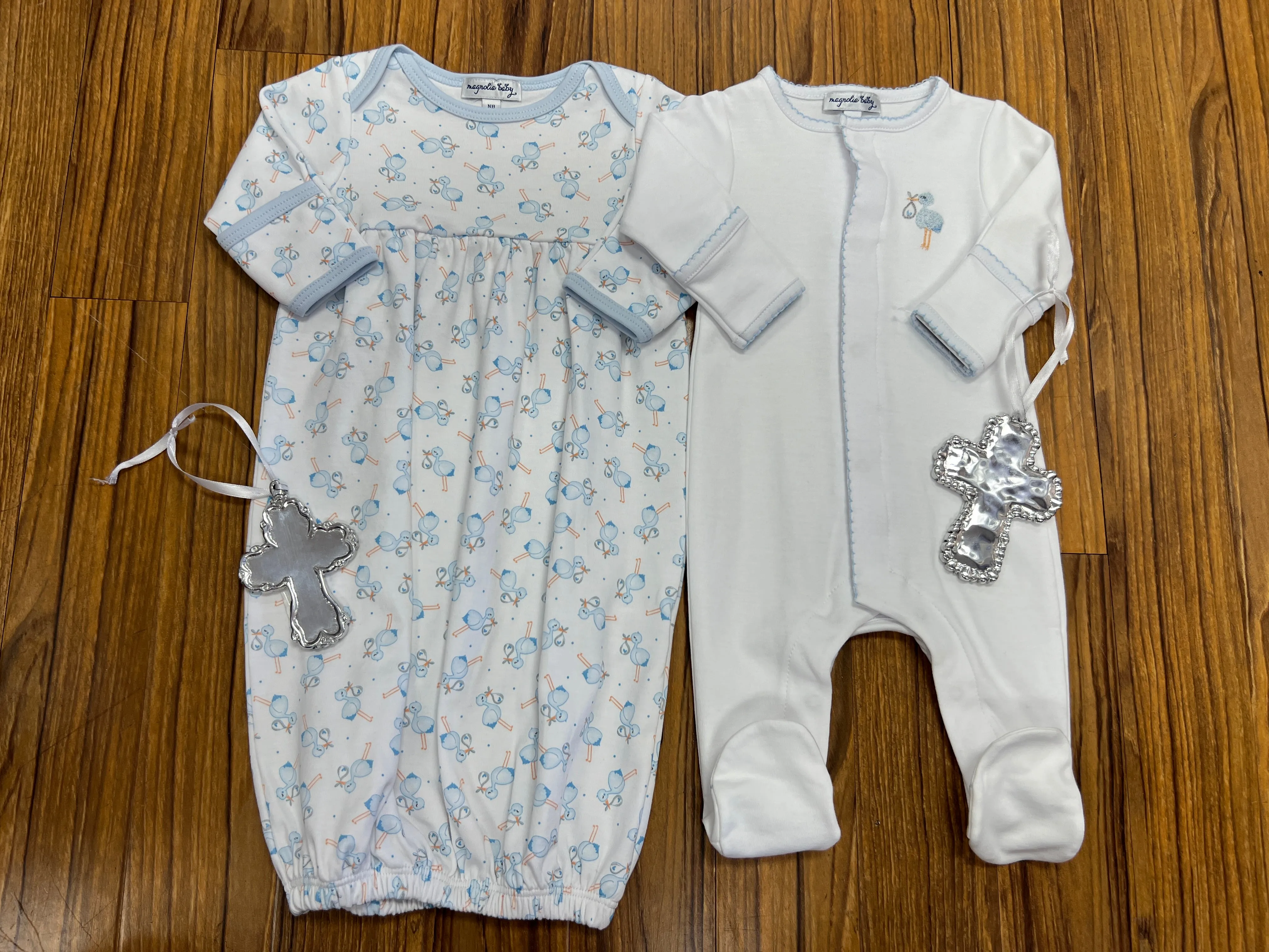 Light Blue Tiny Stork Embroidered Gathered Gown