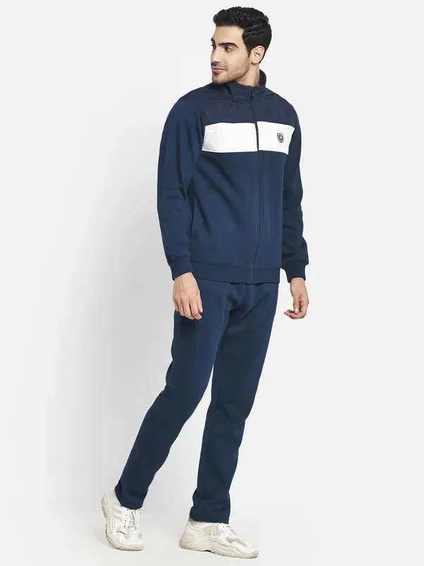 Men Navy Blue White Colourblocked Cotton Tracksuit