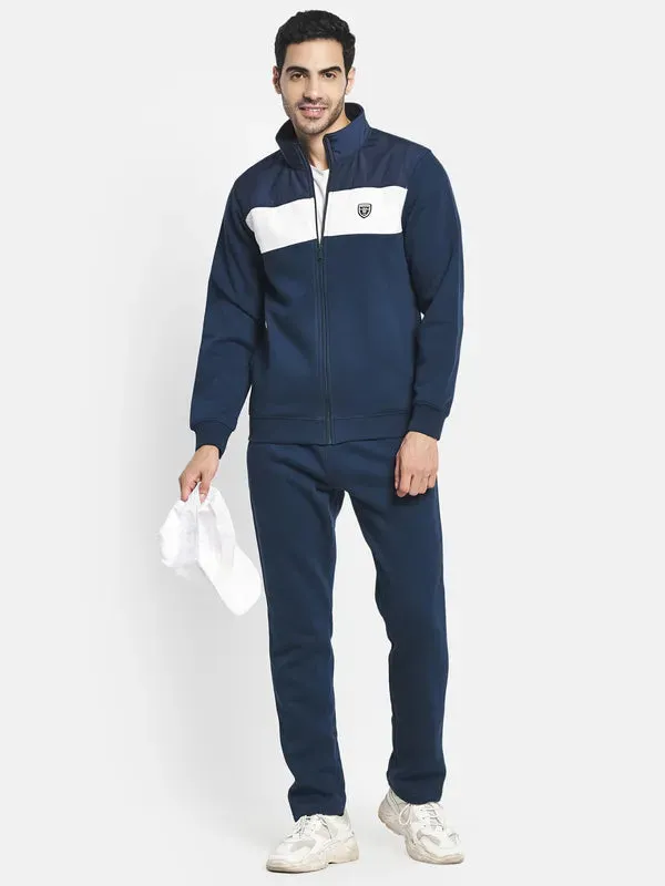Men Navy Blue White Colourblocked Cotton Tracksuit