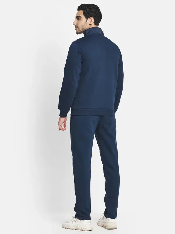 Men Navy Blue White Colourblocked Cotton Tracksuit
