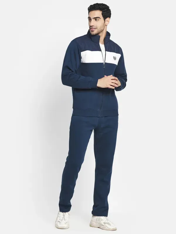 Men Navy Blue White Colourblocked Cotton Tracksuit