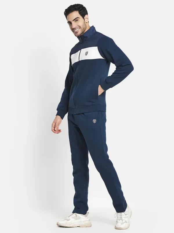 Men Navy Blue White Colourblocked Cotton Tracksuit