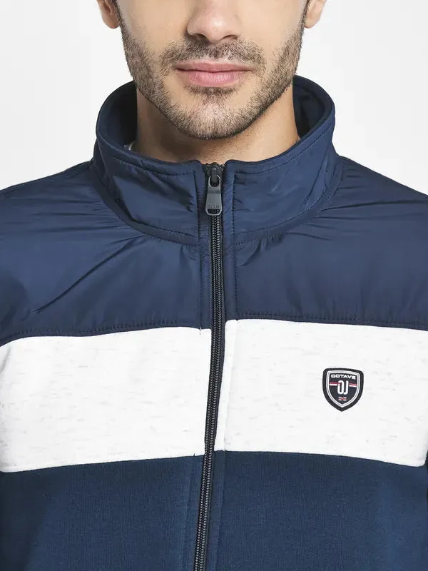 Men Navy Blue White Colourblocked Cotton Tracksuit