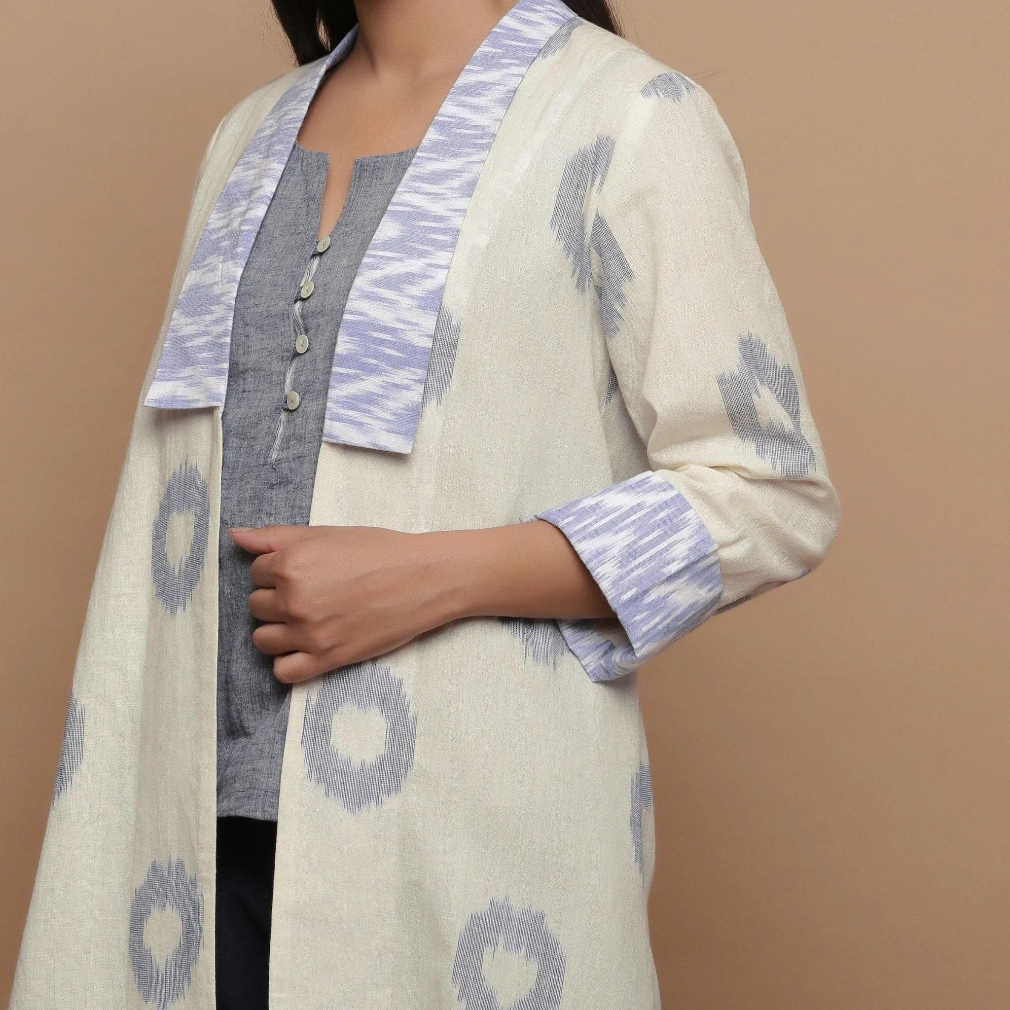 Off-White Shawl Collar Handwoven Ikat Cotton Shrug