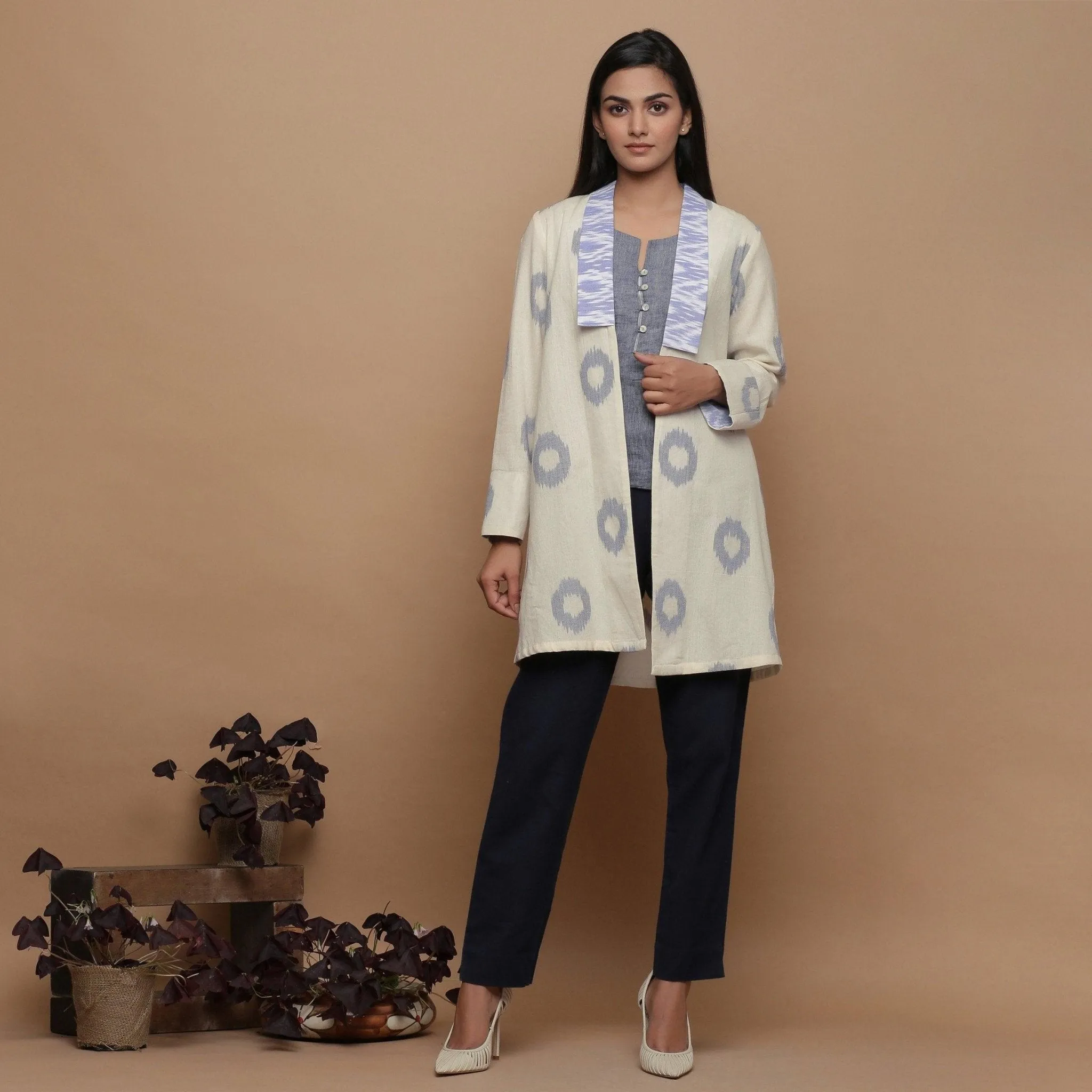 Off-White Shawl Collar Handwoven Ikat Cotton Shrug