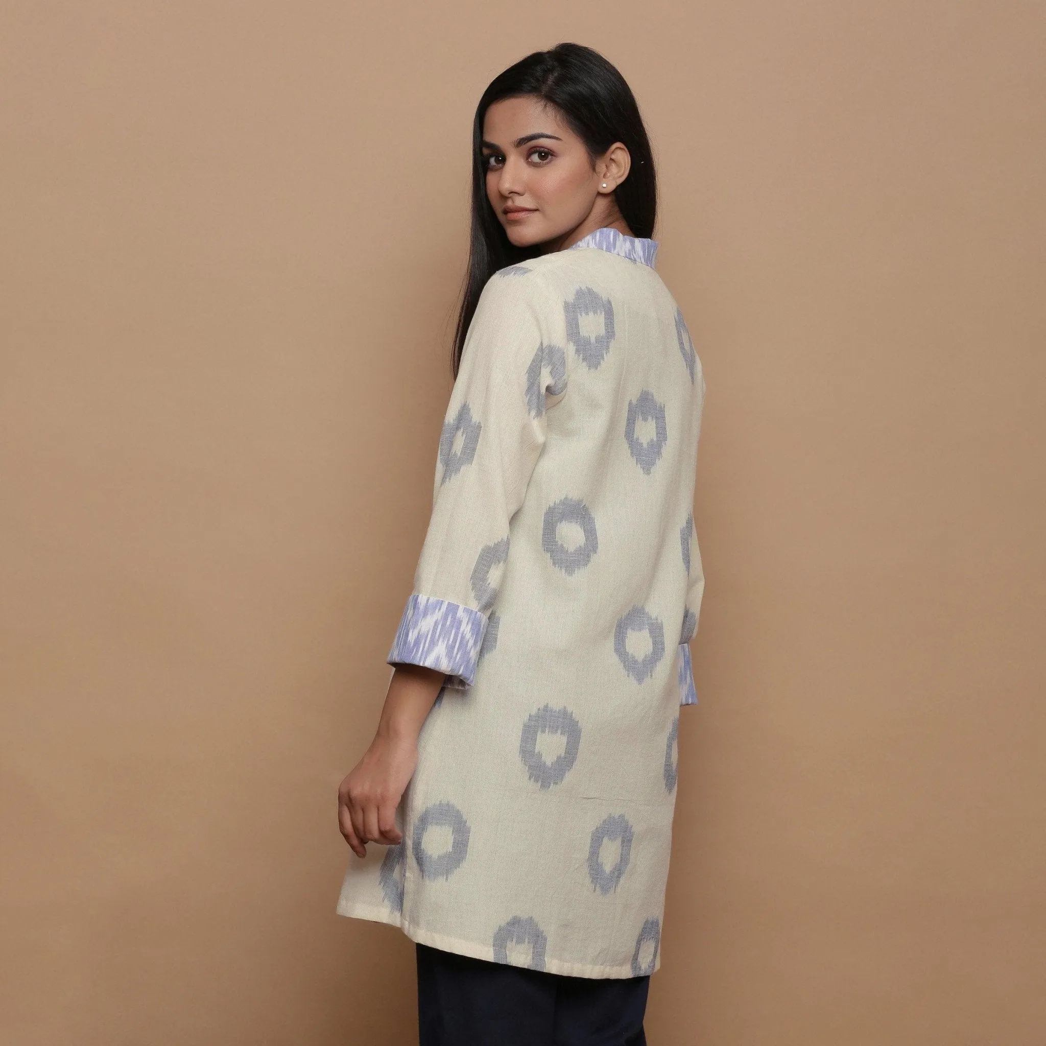 Off-White Shawl Collar Handwoven Ikat Cotton Shrug