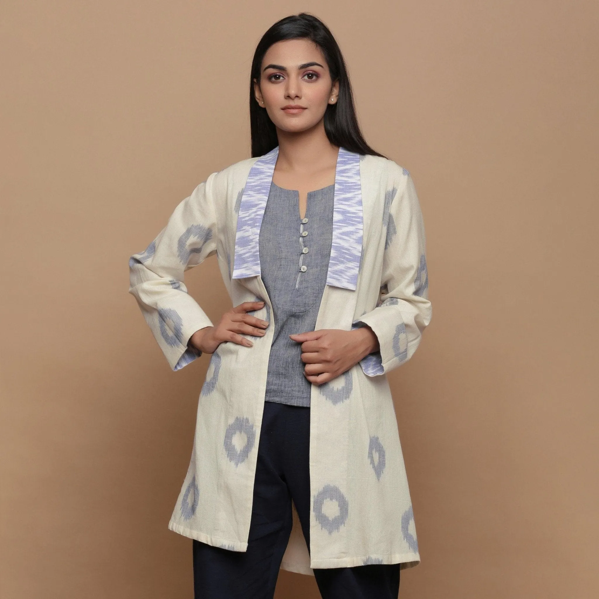 Off-White Shawl Collar Handwoven Ikat Cotton Shrug