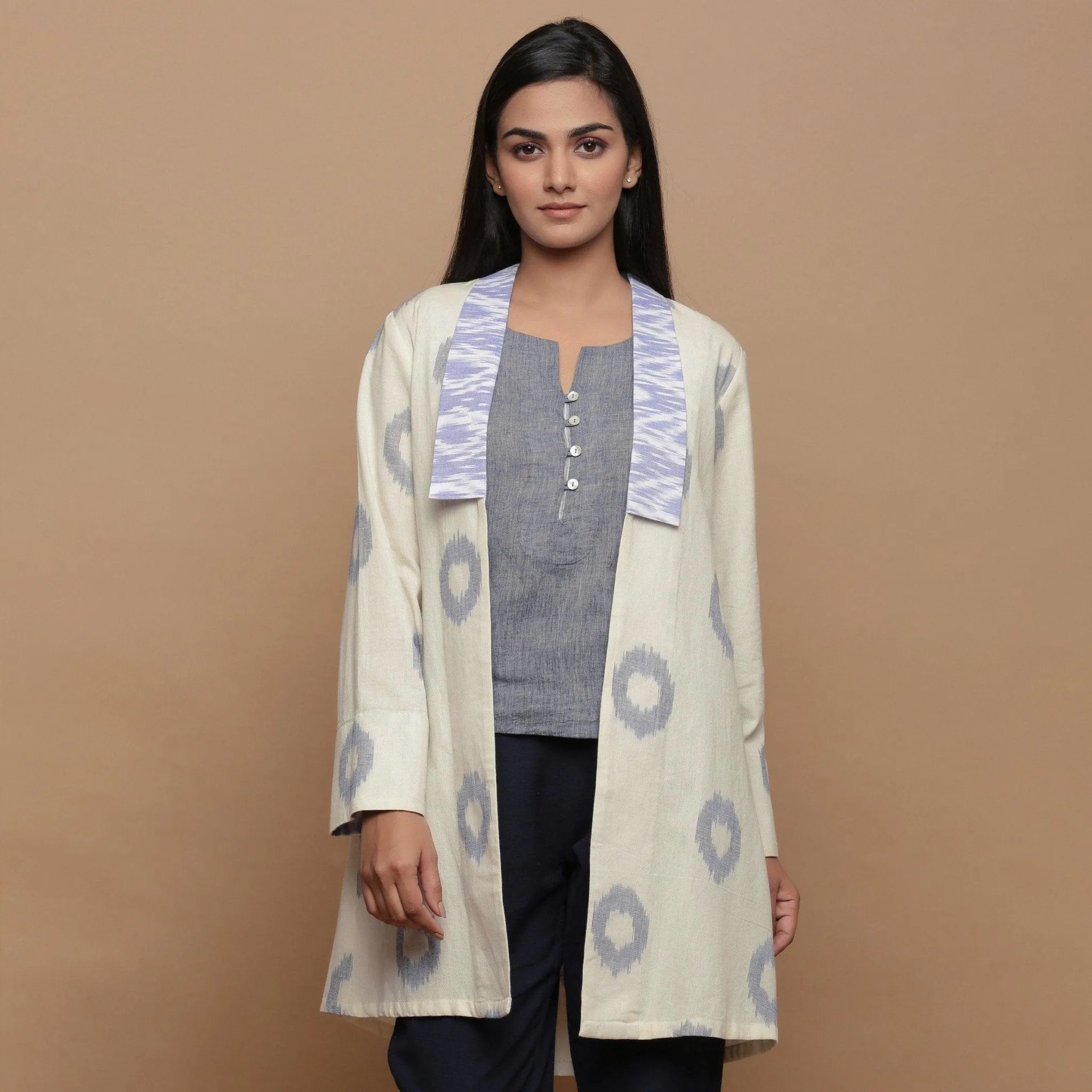 Off-White Shawl Collar Handwoven Ikat Cotton Shrug