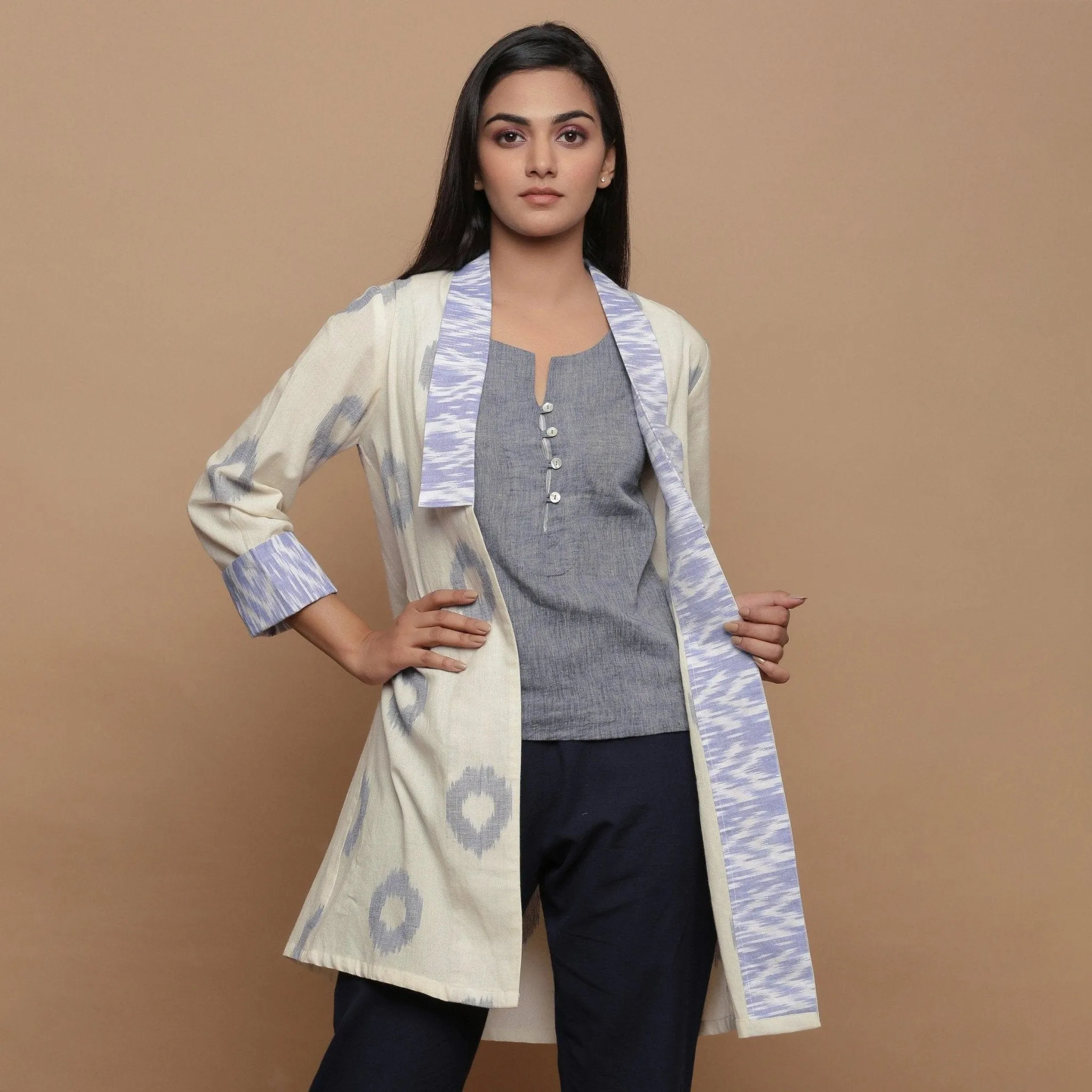 Off-White Shawl Collar Handwoven Ikat Cotton Shrug