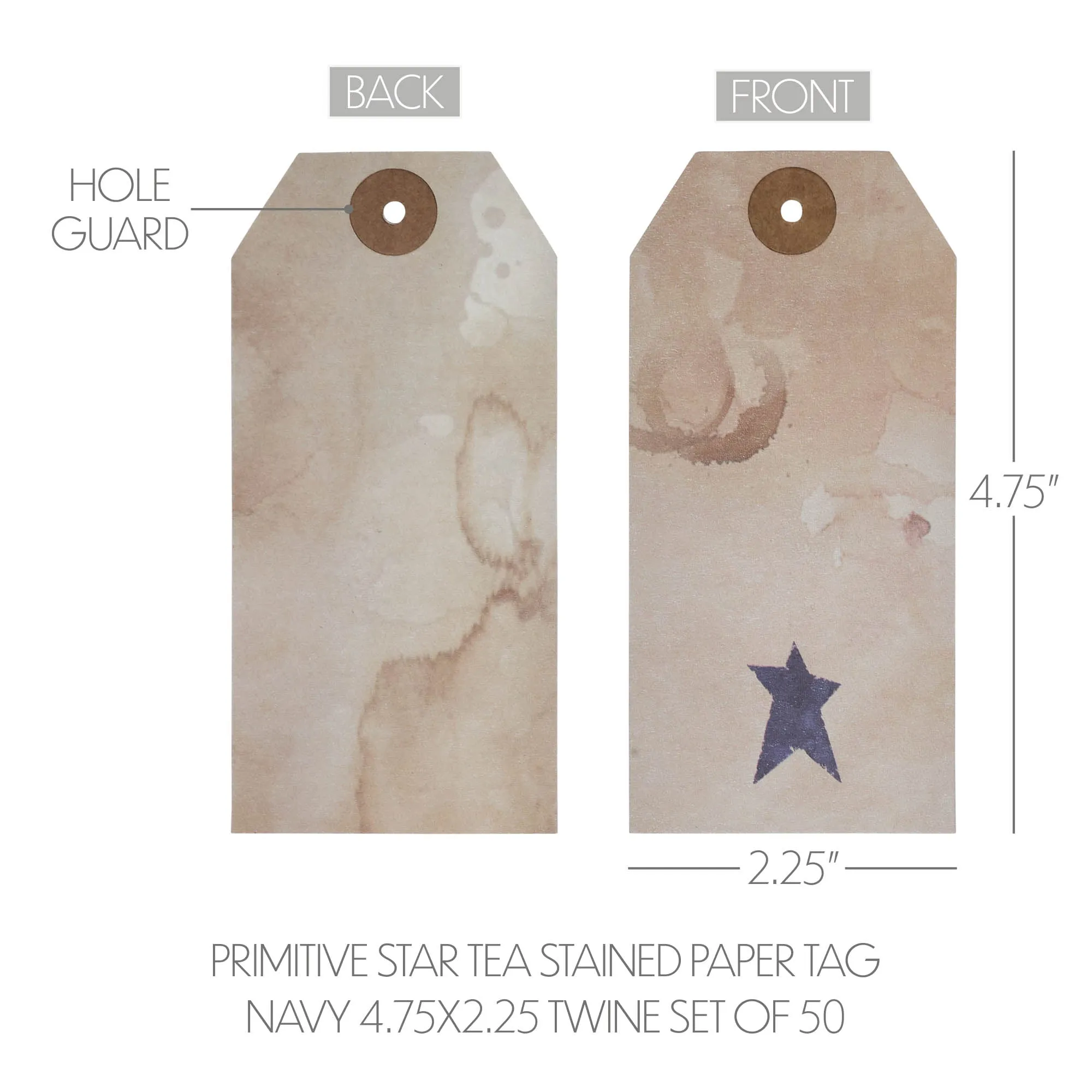 Primitive Star Tea Stained Paper Tag Navy 4.75x2.25 w/ Twine Set of 50