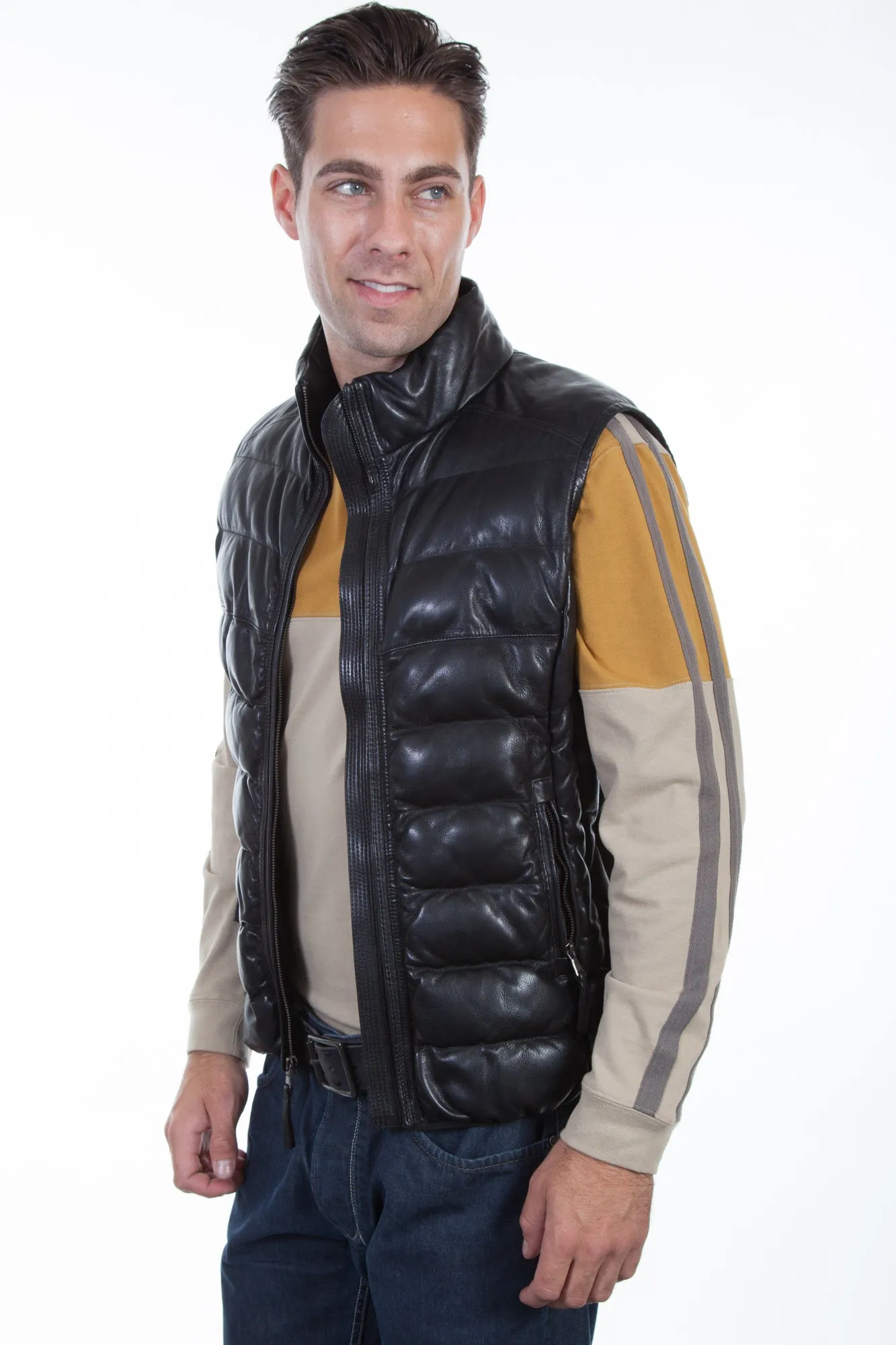 Scully Mens Black Leather Ribbed Vest S