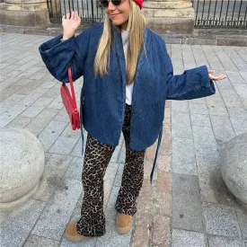 Solid Sashes High Street Girls Blue Loose Vintage Casual Outwear Woman Fashion Jacket