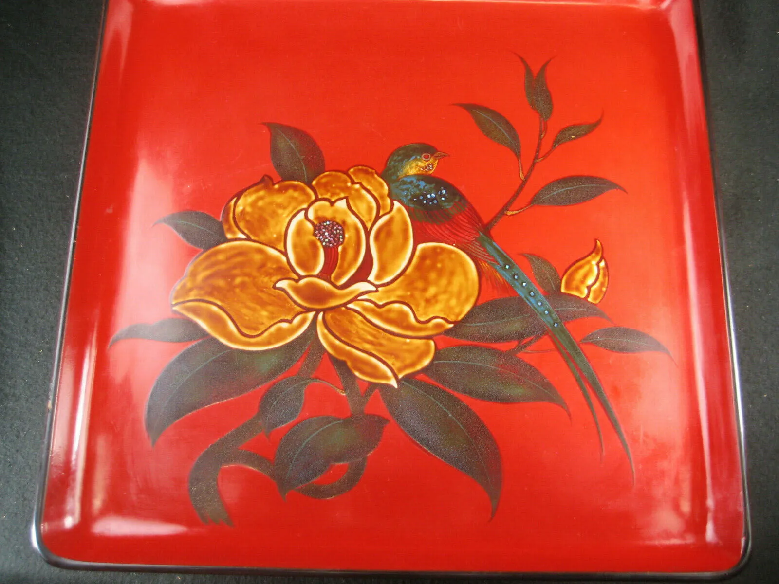 Vintage Early Showa (C1930) Japanese Wood Lacquer Tray W/ Hibiscus & Bird