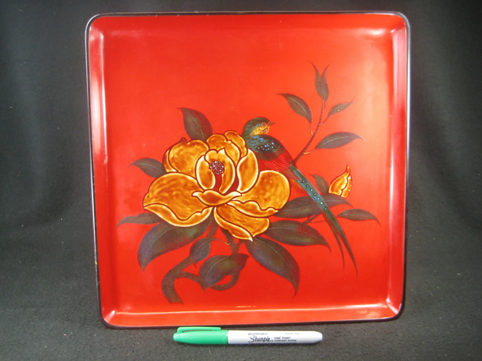 Vintage Early Showa (C1930) Japanese Wood Lacquer Tray W/ Hibiscus & Bird