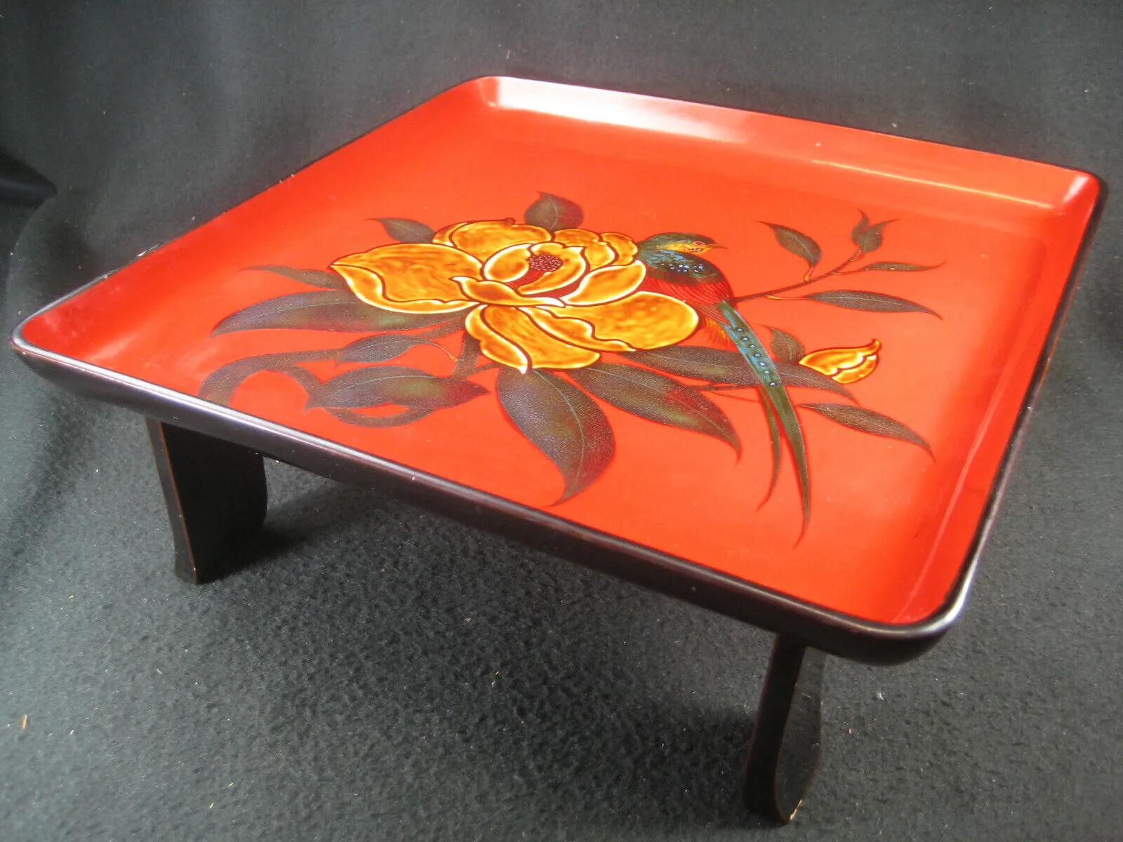 Vintage Early Showa (C1930) Japanese Wood Lacquer Tray W/ Hibiscus & Bird