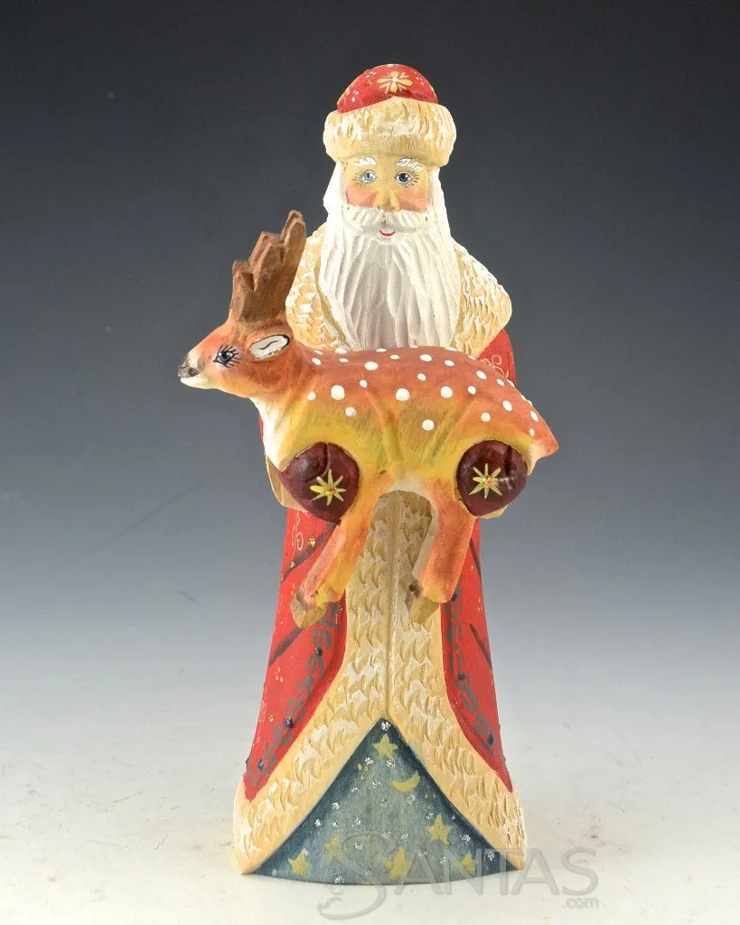 Wooden Russian Santa holding a Deer